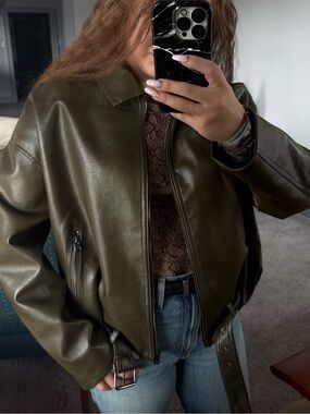 Bershka Olive Green Faux Leather Zip Jacket